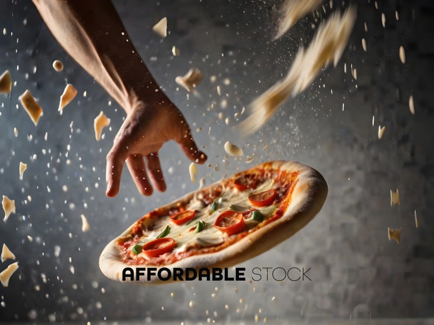 A person is throwing a pizza into the air