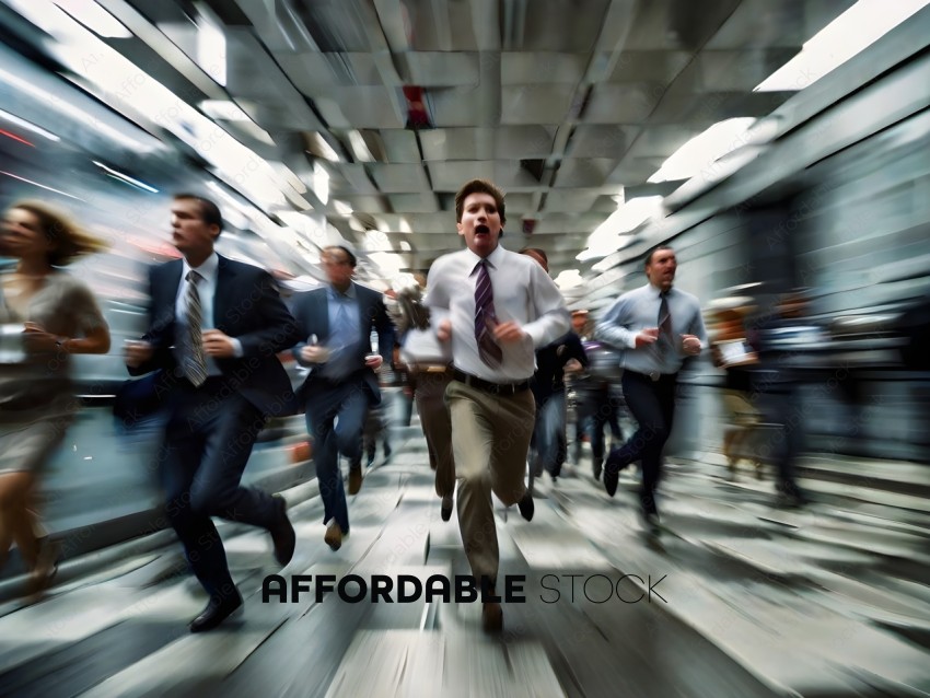 Men in suits running in a hallway
