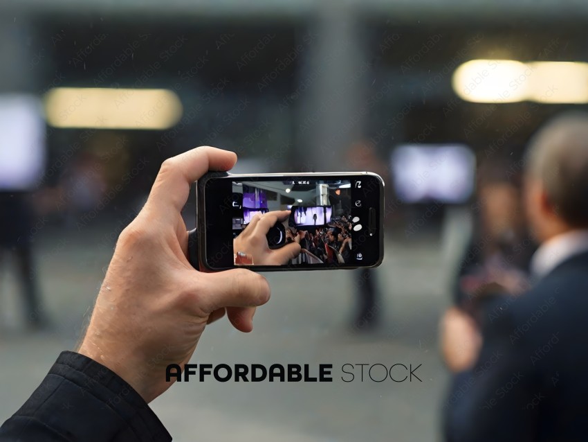 A person holding a cell phone with a picture of a crowd on the screen