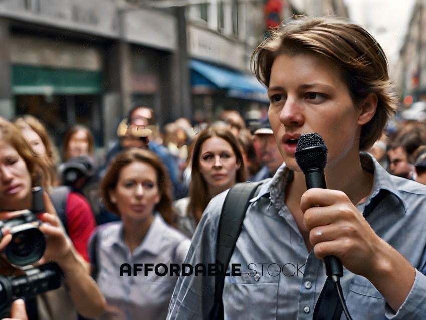 A woman with a microphone in a crowd