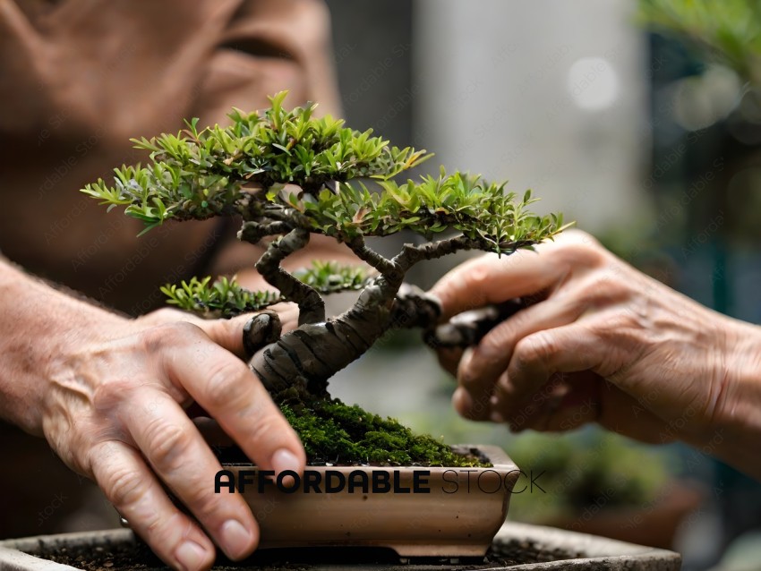 A person is holding a small tree in a pot
