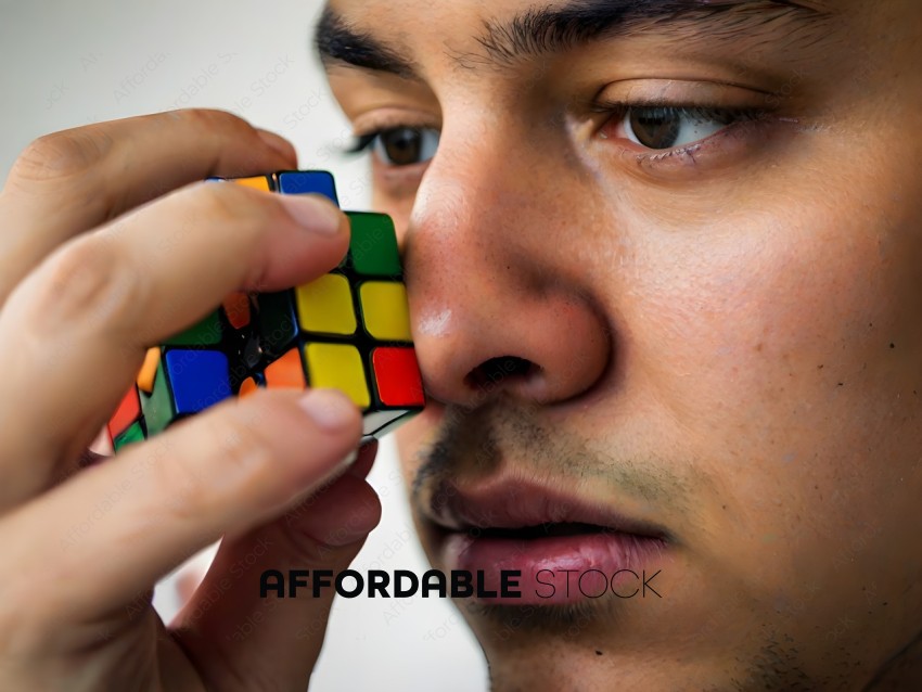 A man looking at a cube with a puzzled expression