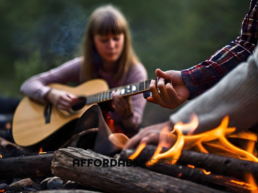 A person playing guitar by a fire