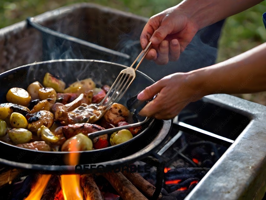 A person is cooking food on a fire
