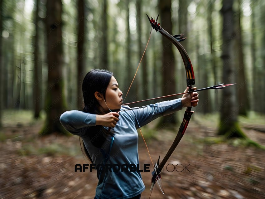 Woman with a bow and arrow in a forest