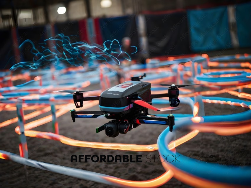 A drone flying through a neon maze
