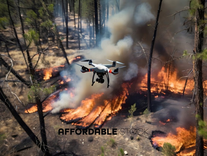 A drone flying over a forest fire