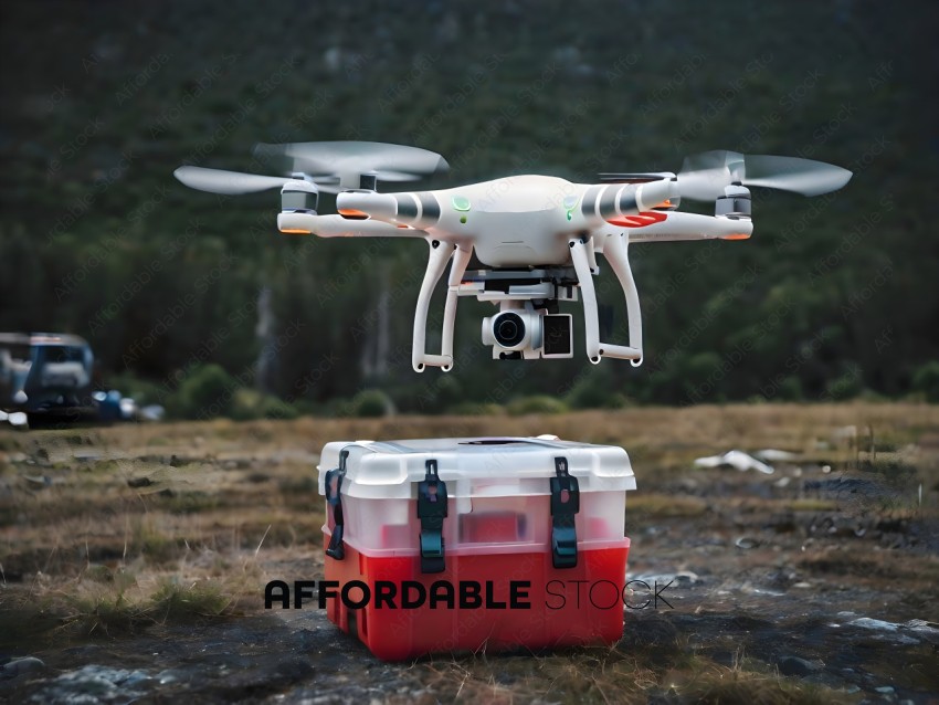 A white drone with a red case underneath it