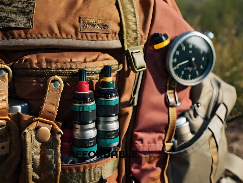A backpack with a watch and a camera