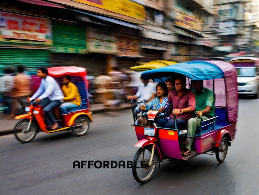 People in a colorful vehicle on a busy street