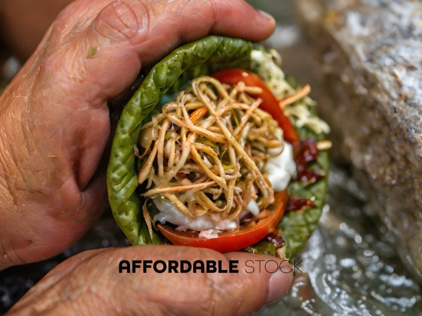 A person holding a food item with noodles and tomatoes