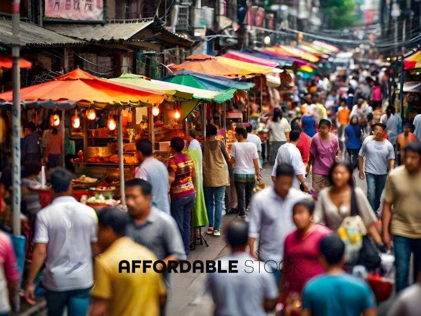 Crowded Asian Market with Many People and Colorful Umbrellas