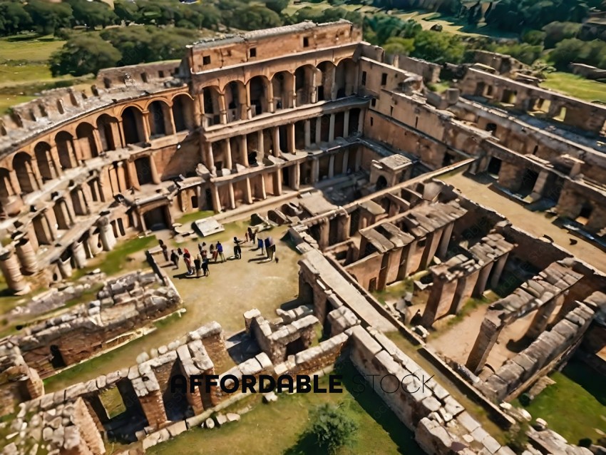 An aerial view of a large, ancient building with many archways