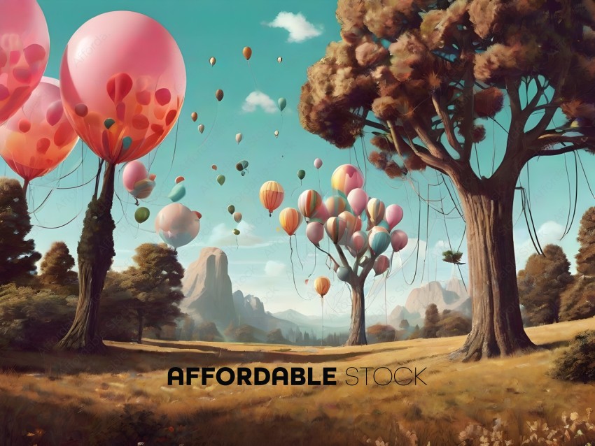 A painting of a field with trees and balloons