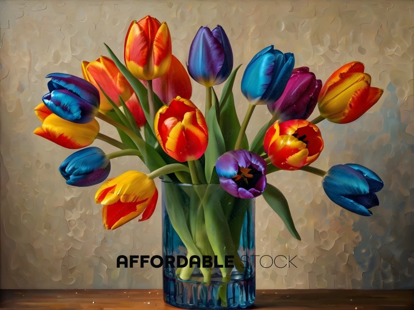 A bouquet of colorful tulips in a blue vase