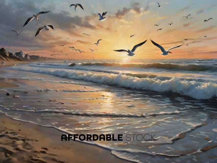 A beautiful painting of a beach with seagulls flying in the sky