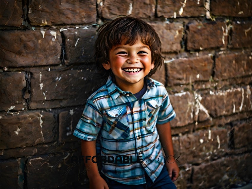 Young boy wearing a plaid shirt and smiling