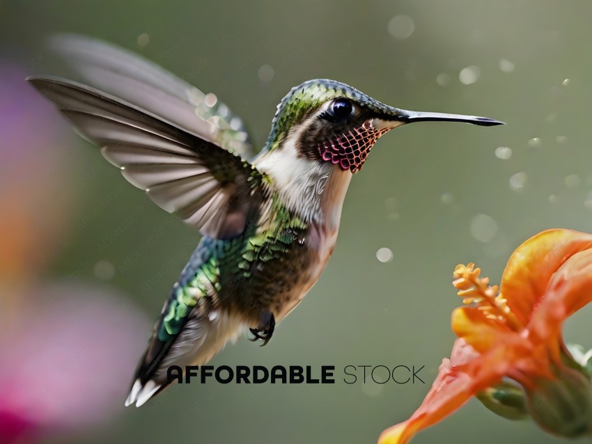 A hummingbird with a long beak hovering over a flower