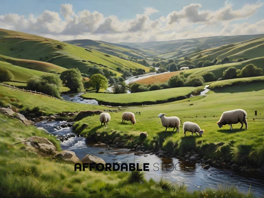A group of sheep grazing in a valley