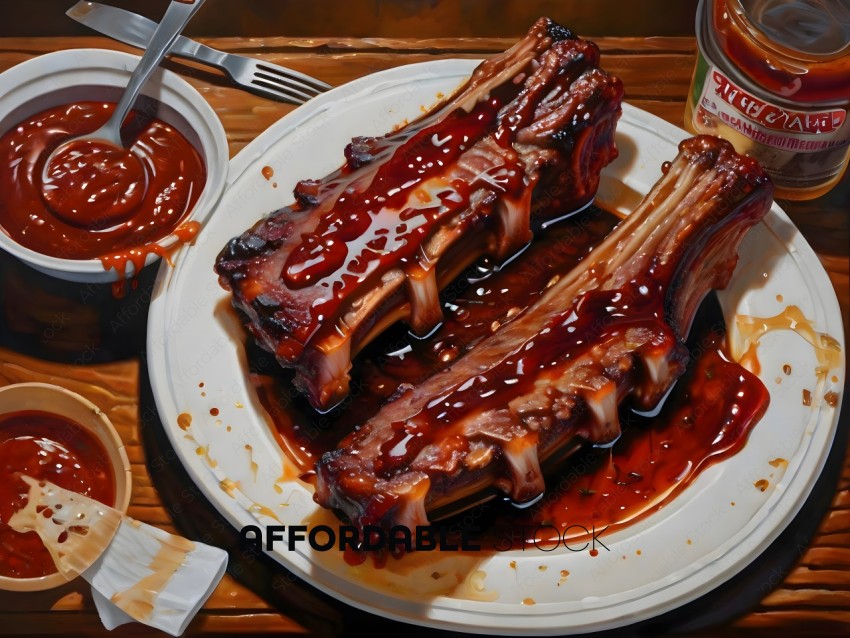 A plate of barbecue ribs with sauce