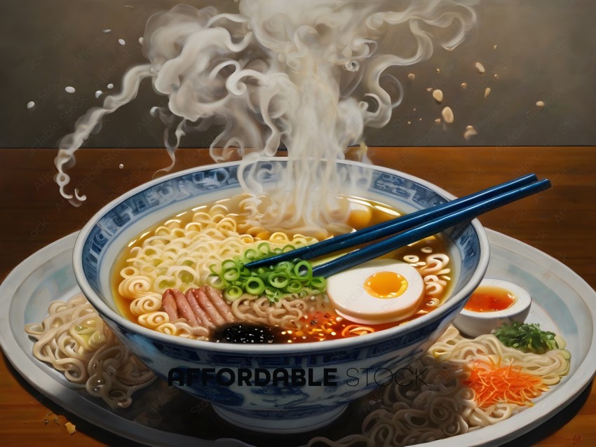 A bowl of noodles with eggs and vegetables
