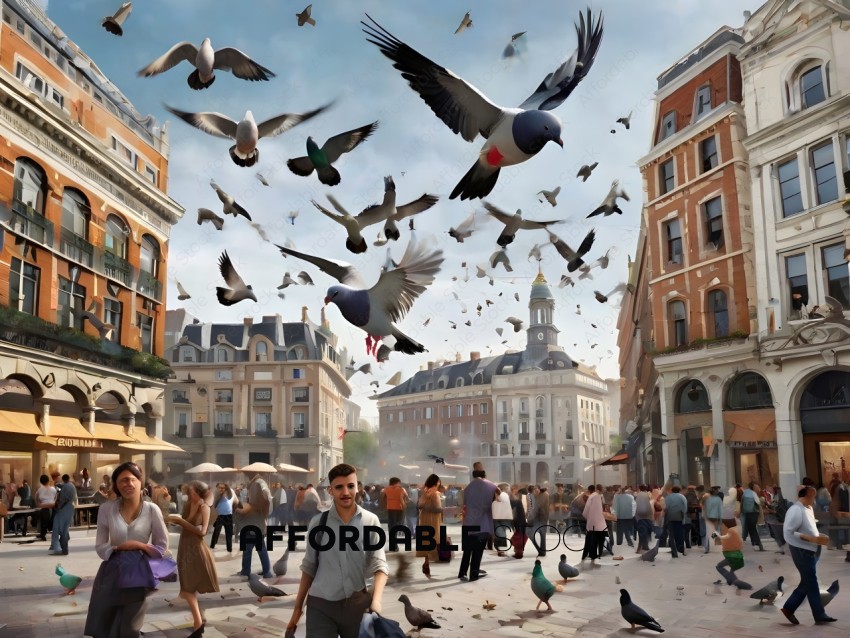 A city scene with many birds flying around