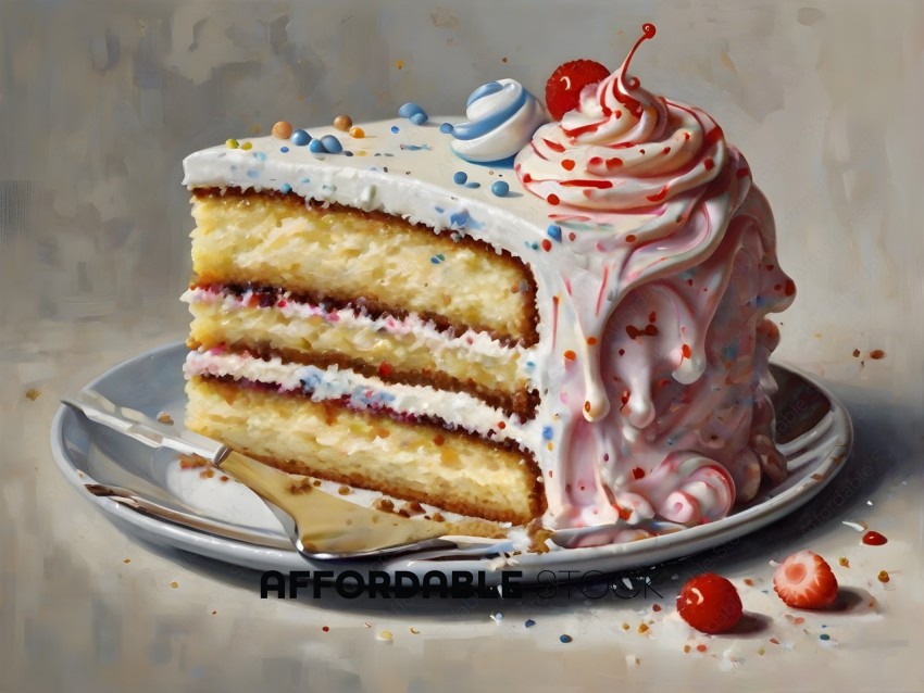 A Painting of a Cake with Cherries and Whipped Cream