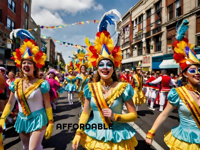 Parade of colorfully dressed people walking down a street