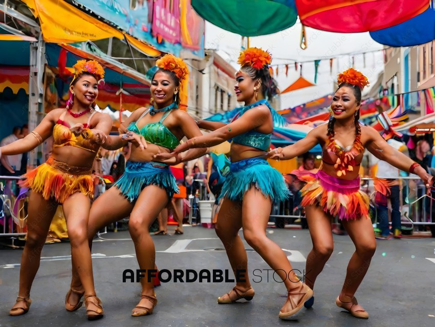 Dancers in colorful costumes perform on a street