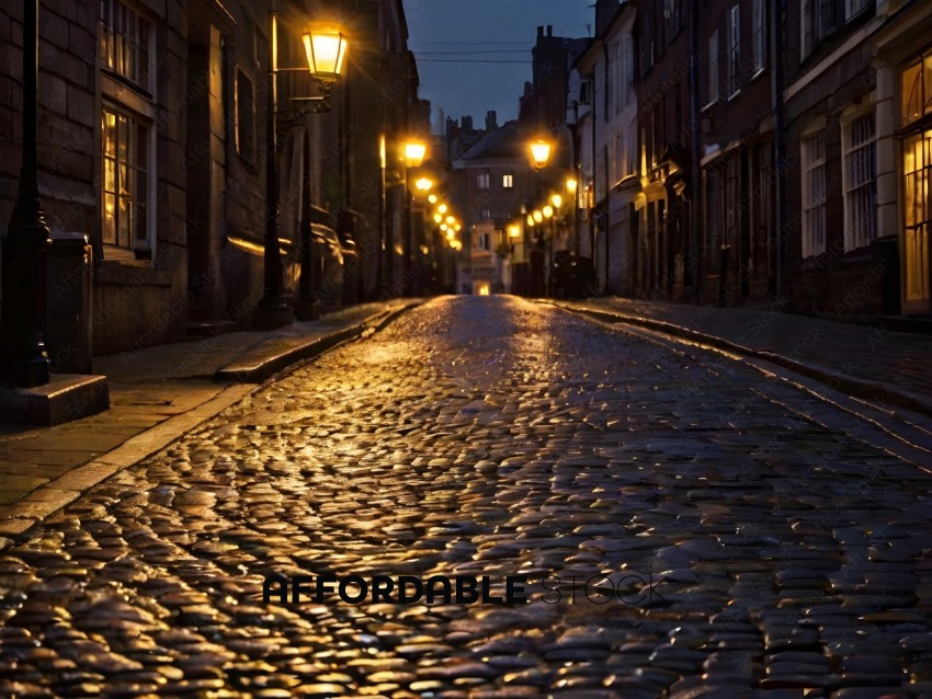 A cobblestone street at night with street lamps