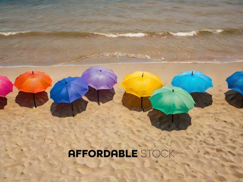 Six Umbrellas of Different Colors Lined Up on the Beach