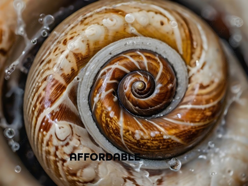 A close up of a spiral shell with water droplets