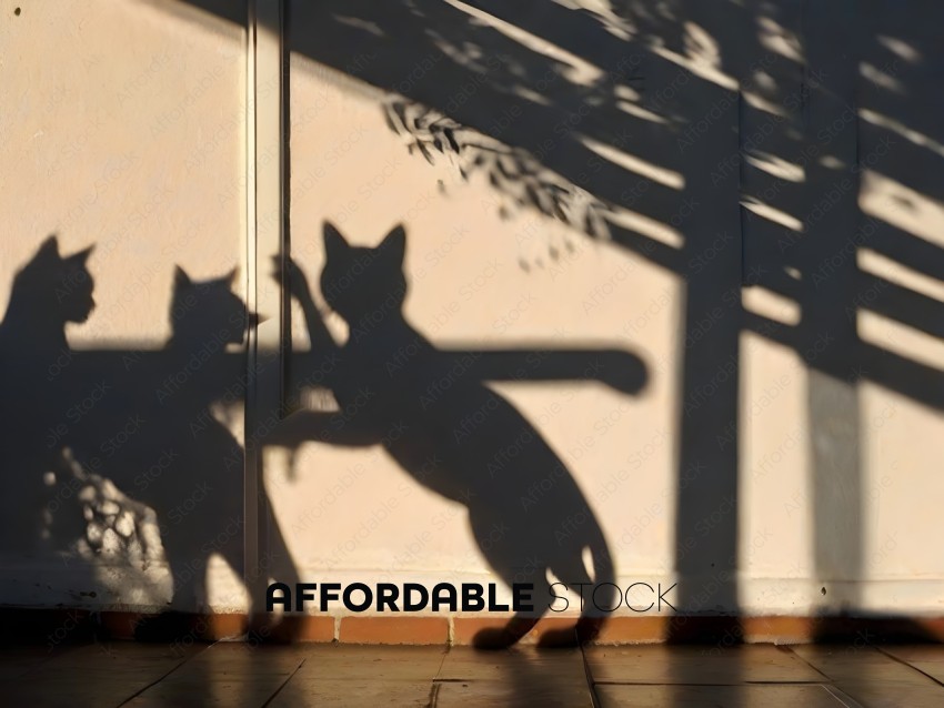 Two cats cast shadows on a wall