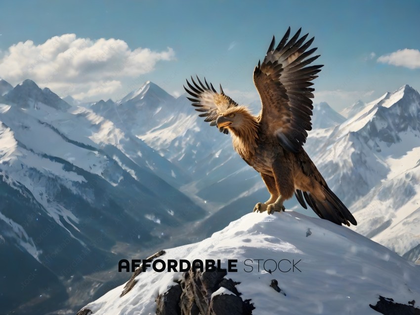 Eagle with wings spread wide on snowy mountain