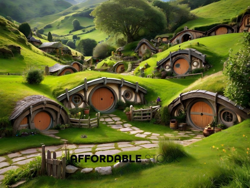 A group of hobbit houses on a hillside