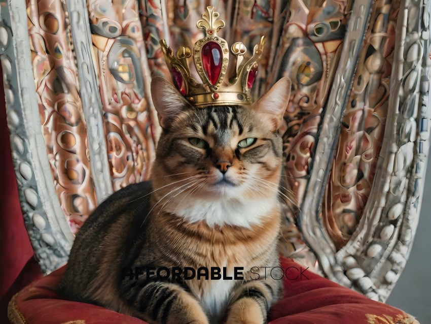 A cat wearing a crown and sitting on a red blanket