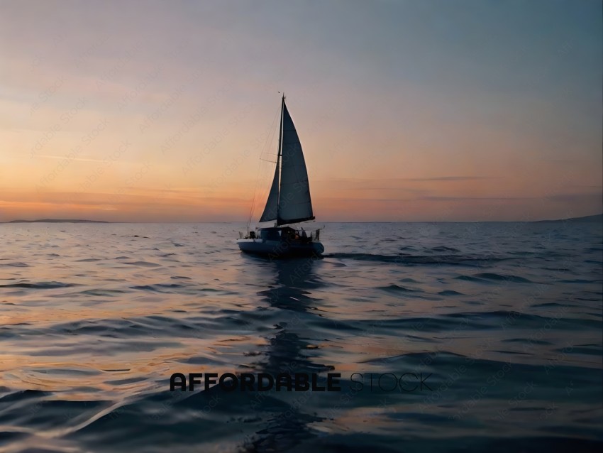 A Sailboat Sails Across the Ocean at Sunset
