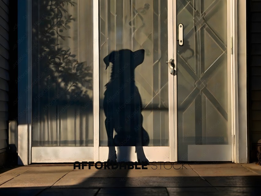 A dog's shadow is cast on a glass door