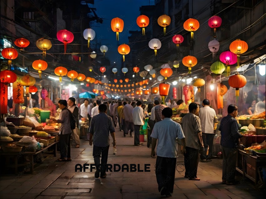 People walking down a street at night with lanterns