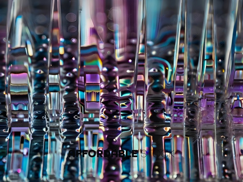 A series of glass objects with a purple and blue hue