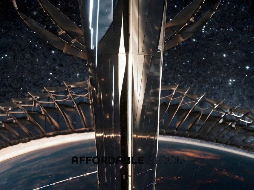 A futuristic structure with a view of the earth