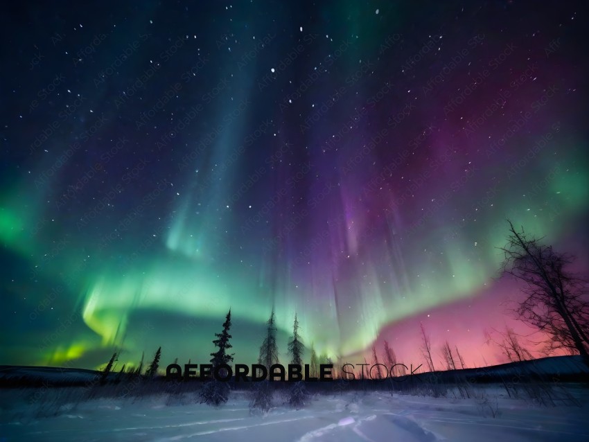 Snowy Night Sky with Aurora Borealis