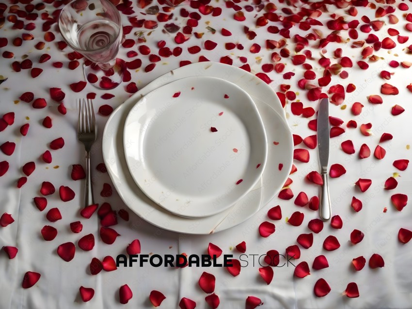 A white plate with red petals on a table