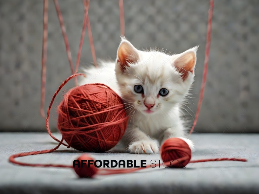 A small white kitten with blue eyes sitting next to a ball of yarn