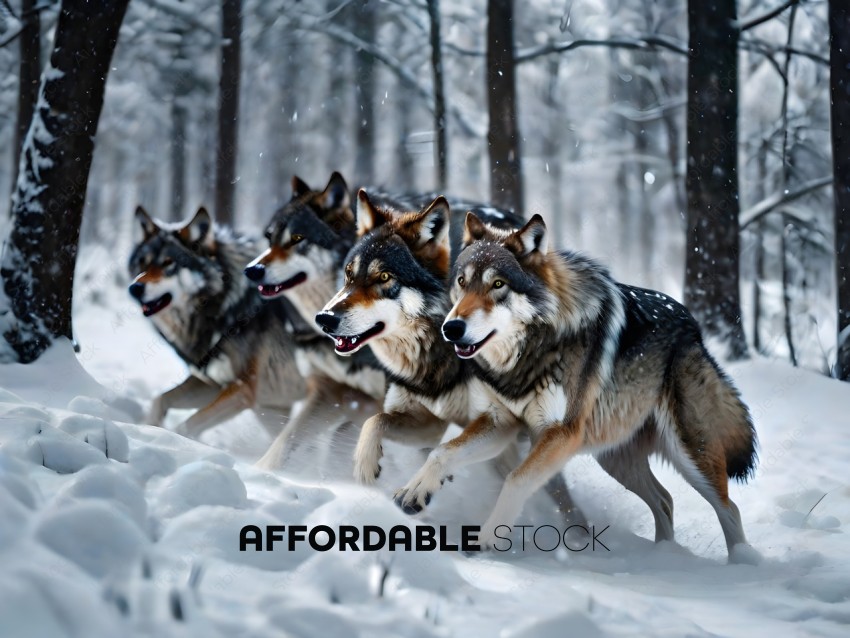 Grey wolves running through the snow