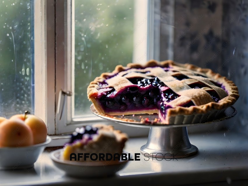 A pie with blueberries on a silver platter