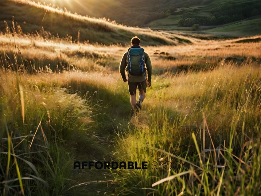A man wearing a backpack walking through a field