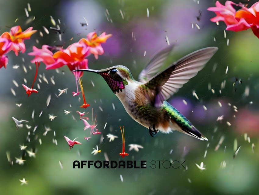 Hummingbird feeds on flower in the rain