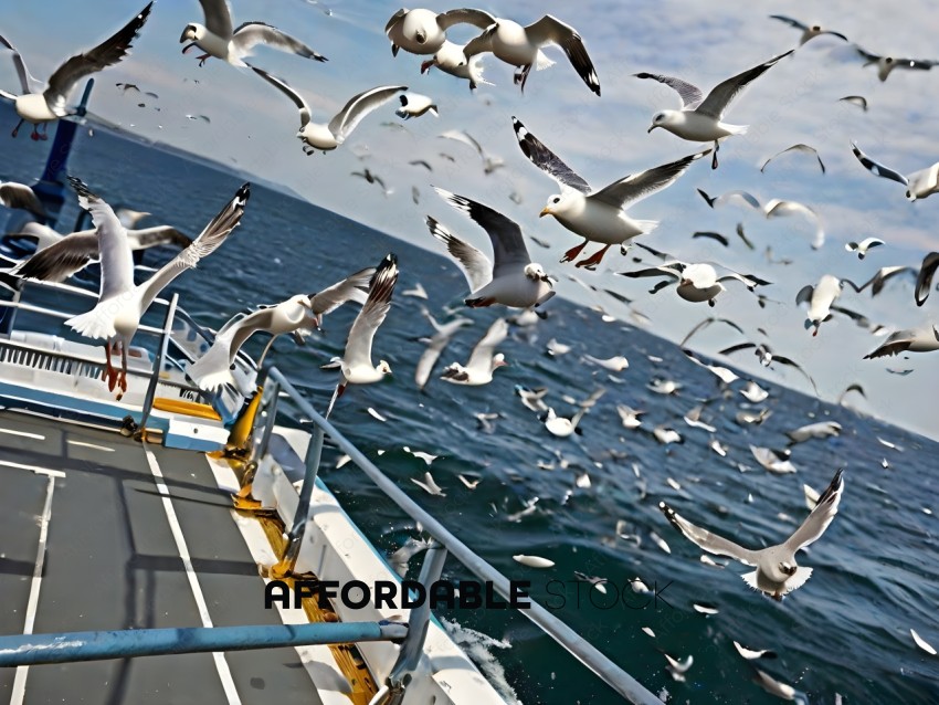 Flock of Seagulls Flying Over Ocean