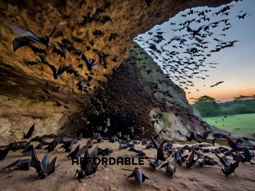 A large group of bats flying around a cave